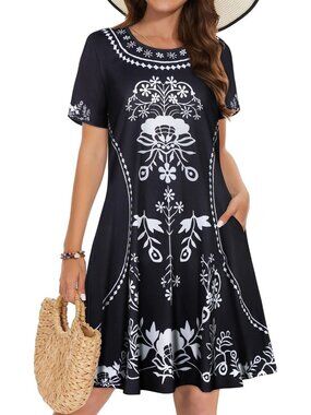 Women's Black White Flower Short Sleeve Floral Sundress Beach Cover Mini Dress
